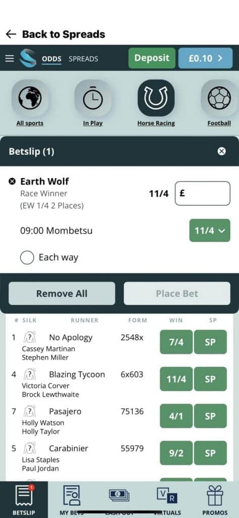 Sporting Index app fixed odds betslip