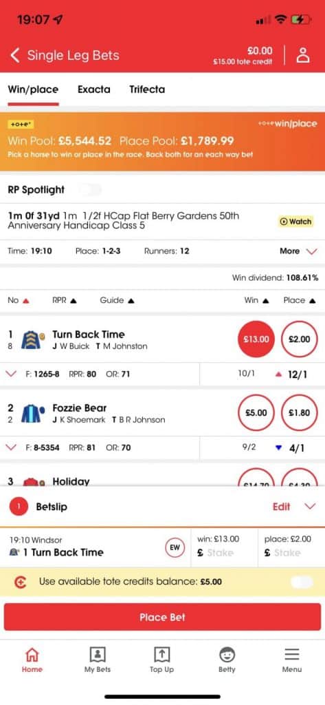 Totesport app betslip