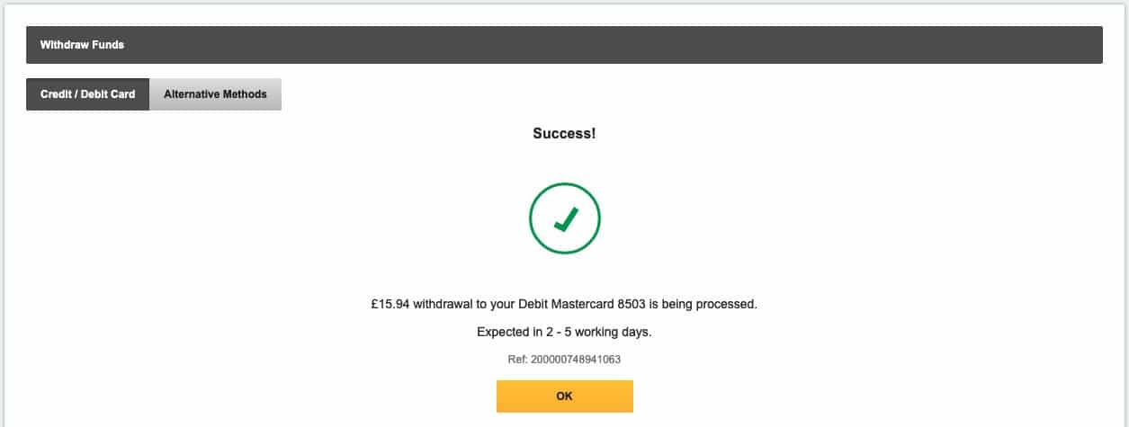 Betfair withdrawal confirmation