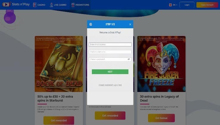 Registering for a casino account at Slots n’Play