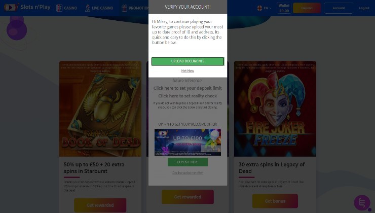 Account verification needed at Slots n’Play