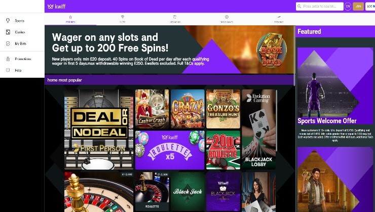 Kwiff Casino lobby