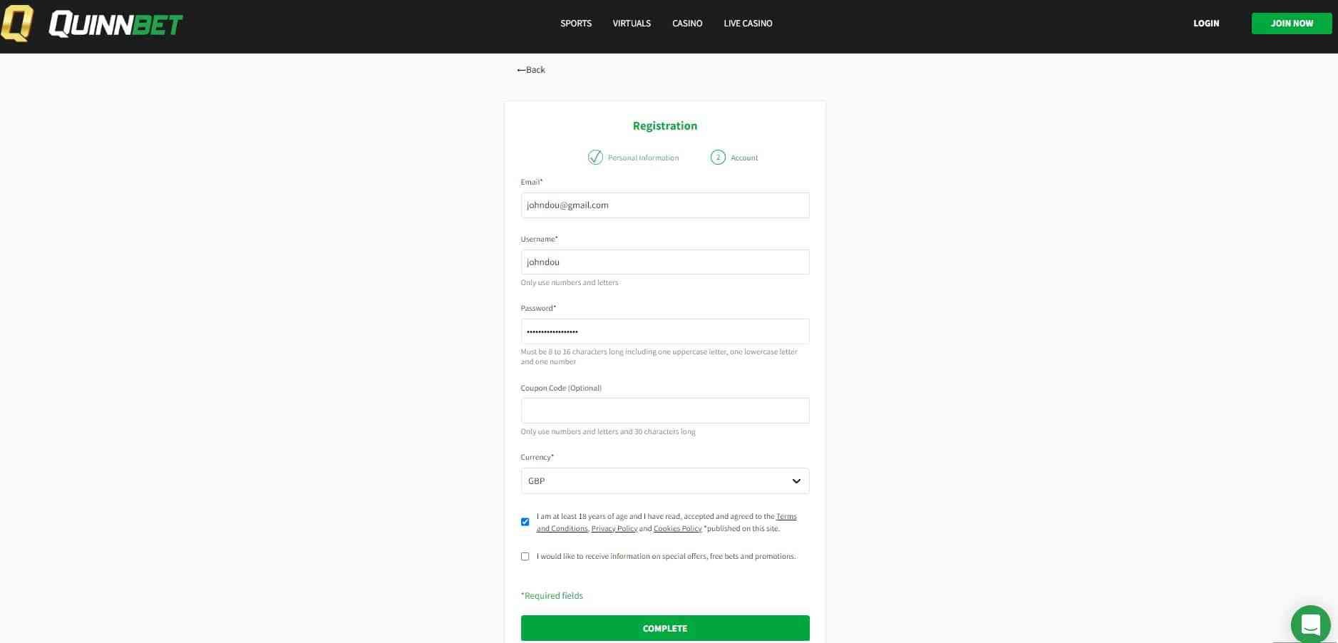 quinnbet registration form