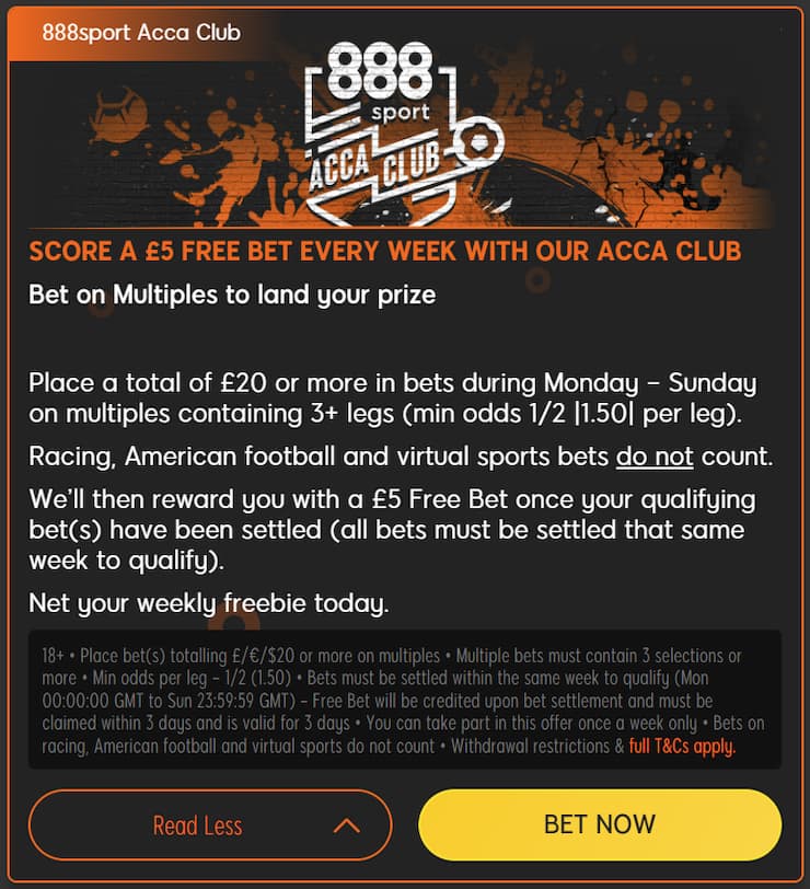 888 Acca Club for free bets for existing customers