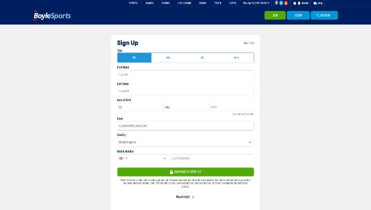 Registering for an account at BoyleSports