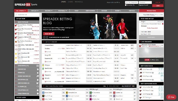 The homepage of the Spreadex sports betting site