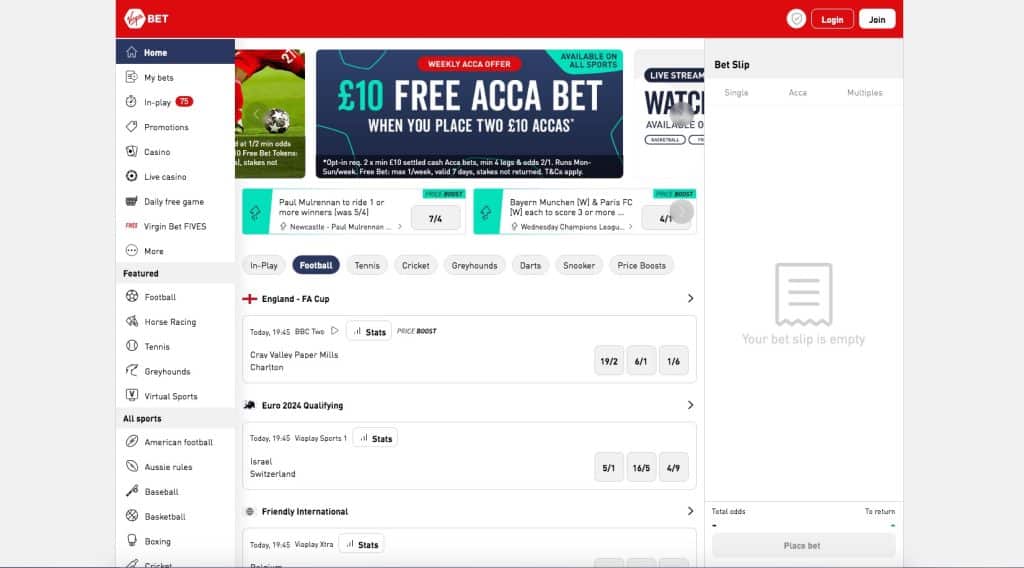 Football betting at Virgin Bet